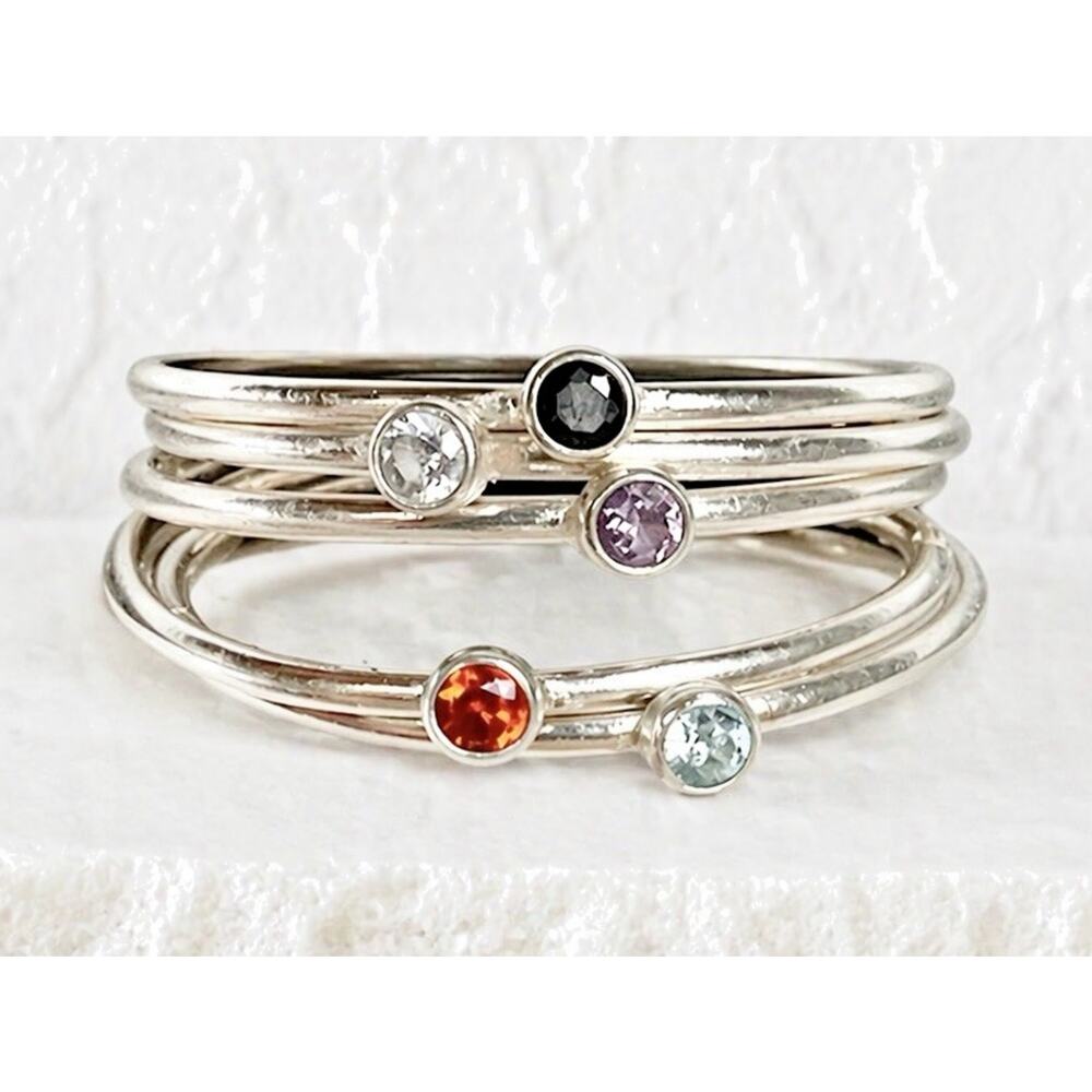 Sterling Silver Dainty Stacking Ring Set 5 Pc Birthstone Gemstone Minimalist